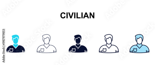 civilian multi-style outline icon set - army and milatry concept. Thin line, regular, filled, colored civilian icon