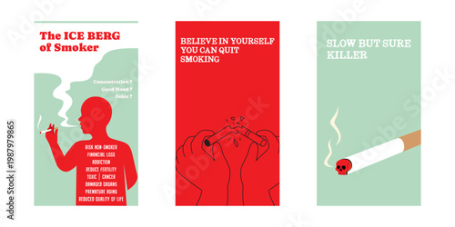 Comprehensive anti-smoking poster set featuring the iceberg effect of nicotine addiction, health risks, and motivational messaging for smoking cessation programs and clinics