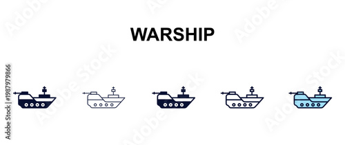 warship multi-style outline icon set - army and milatry concept. Thin line, regular, filled, colored warship icon