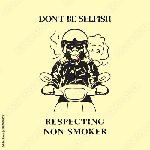 Creative anti-smoking design showing an ape smoking on a motorcycle. Suitable for flyers, blog posts, and educational materials focused on respecting non-smokers in public spaces.