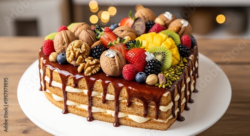 Delicious cake topped fresh fruits nuts chocolate syrup dessert bakery sweet gourmet food photography closeup vibrant lighting