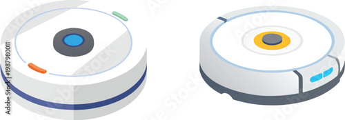 Industrial robotics and smart technology icon set, featuring robotic arms, VR headsets, automated vacuum, and 3D printing concepts.