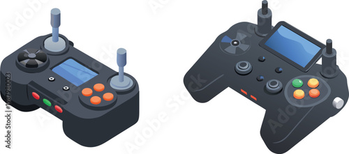 Industrial robotics and smart technology icon set, featuring robotic arms, VR headsets, automated vacuum, and 3D printing concepts.