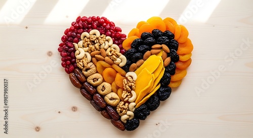 Heart shape arrangement of colorful dry fruits nuts healthy food concept love nutrition creative composition vibrant top view