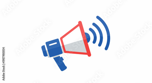 Blue and red megaphone icon emitting signal waves, a bold vector symbol of loud, clear communication