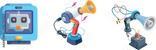 Industrial robotics and smart technology icon set, featuring robotic arms, VR headsets, automated vacuum, and 3D printing concepts.