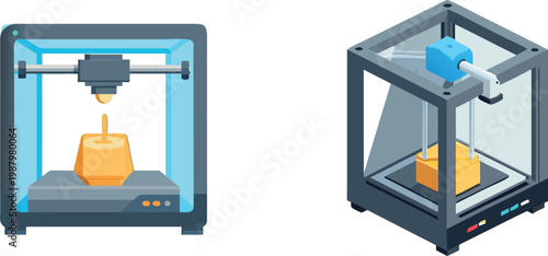 Industrial robotics and smart technology icon set, featuring robotic arms, VR headsets, automated vacuum, and 3D printing concepts.