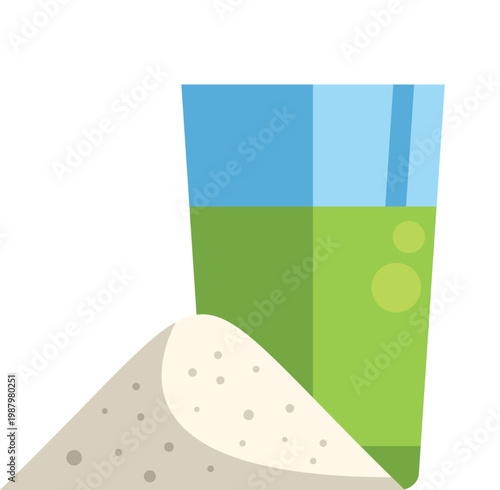 Glass of green detox juice with a pile of dietary supplement powder