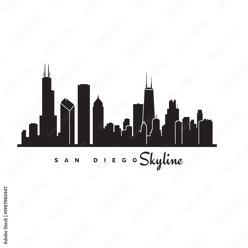 Fototapeta premium San Diego skyline badge in black solid style, featuring a minimalist city silhouette with modern buildings and a bridge element. Clean and bold flat vector design with high contrast black on white bac