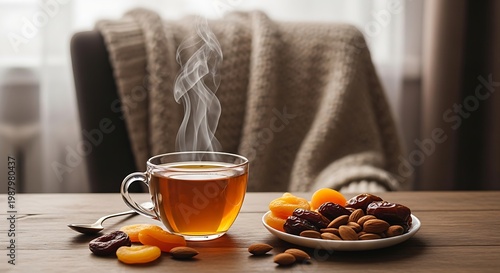 Hot tea cup with steam cozy winter setting soft lighting warm drink relaxing mood herbal tea comfort lifestyle morning beverage