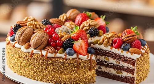 Colorful fruit cake topped fresh berries nuts creamy layers dessert bakery sweet food photography bright natural lighting delicious gourmet