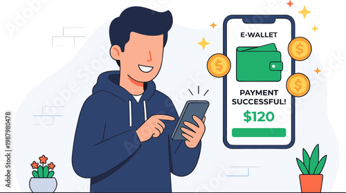 Man using phone with successful e-wallet payment on screen