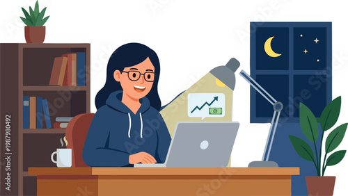 A woman works late at night on her laptop at a desk.