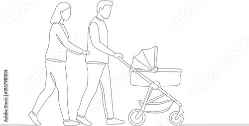 Minimalist Line Drawing Family Pushing Stroller Together Illustration Graphic Asset