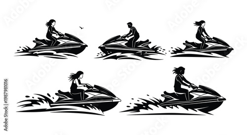 Black and white illustration of six people riding personal watercrafts