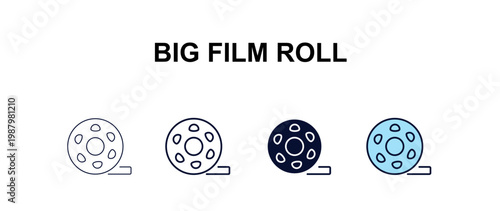 big film roll multi-style outline icon set - cinema concept. Thin line, regular, filled, colored big film roll icon