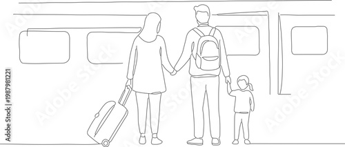 Outline Minimalist Family Trip at Train Station Illustration Line Art