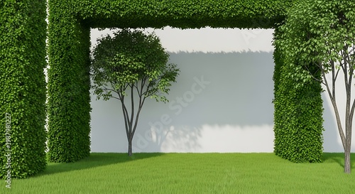 Empty square room with natural green grass on the floor and trees. The concept of a green city and a green house. Unobtrusive botanical background with shadow on the wall.