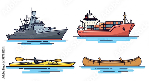 Collection of four different boats and watercraft on water.