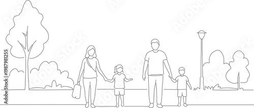 Minimalist Outline Happy Family Walking Together in the Park Illustration