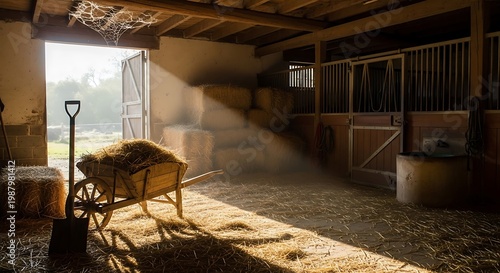 The interior of a stable on a farm. A wheelbarrow with fodder for cows and a shovel stand at the entrance to the stable.