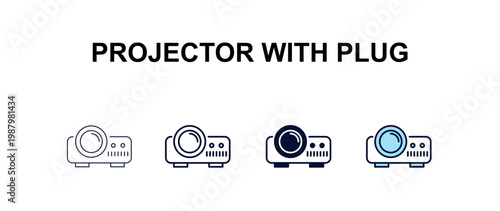 projector with plug multi-style outline icon set - cinema concept. Thin line, regular, filled, colored projector with plug icon