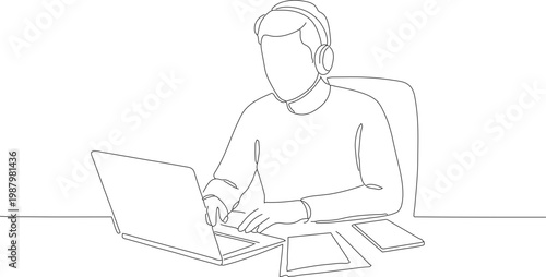 Minimalist Line Art Man Working at Laptop Computer Illustration