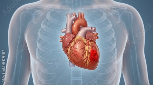 Anatomical illustration of a human heart with a visible lesion on the left ventricle