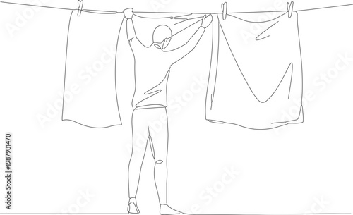 Minimalist Lineart Man Hanging Clothes on Clothesline Illustration