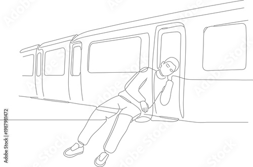 Minimalist Line Art Tired Man Sleeping on Subway Commute Illustration
