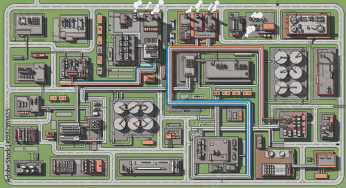 Industrial factory complex with pipelines and tanks.