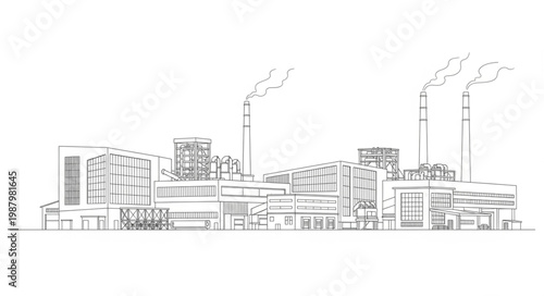 Industrial Factory Building with Smoke Stacks Emitting Smoke.