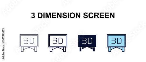 3 dimension screen multi-style outline icon set - cinema concept. Thin line, regular, filled, colored 3 dimension screen icon