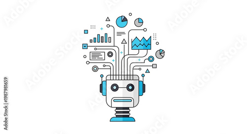 Robot Head with Data Analytics and Charts Emerging.