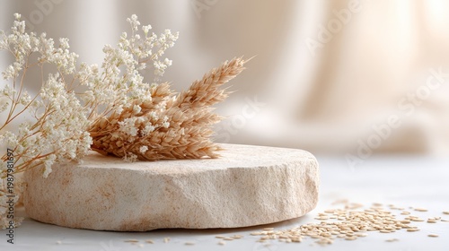 Natural stone podium with wheat and delicate floral accents