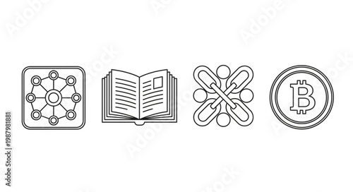 Blockchain Technology and Bitcoin Cryptocurrency Icons.