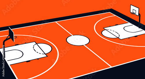 An illustration of an indoor basketball court with two hoops.