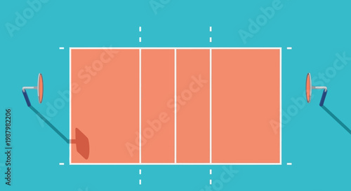 Tennis court with rackets and ball.