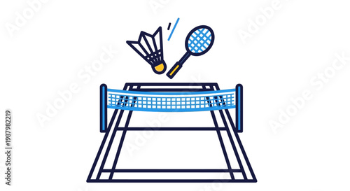 Badminton rackets and shuttlecock over net.