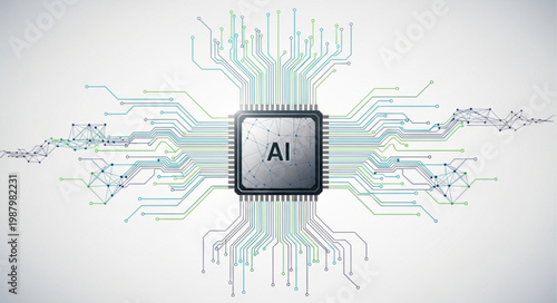 Central AI Microchip with Glowing Circuitry Connections.