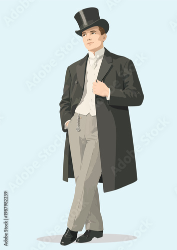 079-17-Elegant man with a top hat and coat standing in historical vintage fashion
