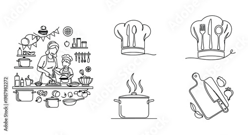 Line art illustration of a chef and kitchen elements for cooking