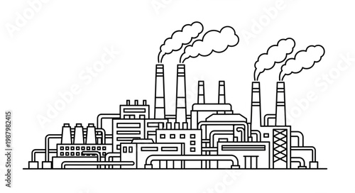 Industrial Factory with Smoke Emitting from Chimneys.