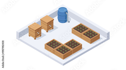 Isometric view of a rooftop garden with raised beds and storage elements