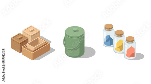 Isometric arrangement of containers jars and bucket with wooden lids on a white background