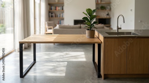Modern kitchen island, wooden table, minimalist interior design, home decor