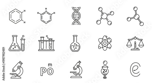 Collection of scientific and chemical icons for research and education.