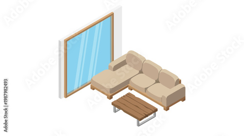 Isometric view of a modern living room interior with furniture and large window