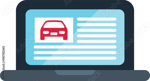 Laptop showing a car icon with text, illustrating online vehicle shopping or booking services