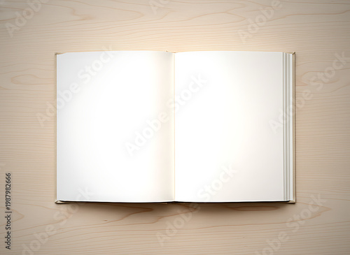 Open hardcover book with blank white pages on a light wooden background isolated flat lay top down view
